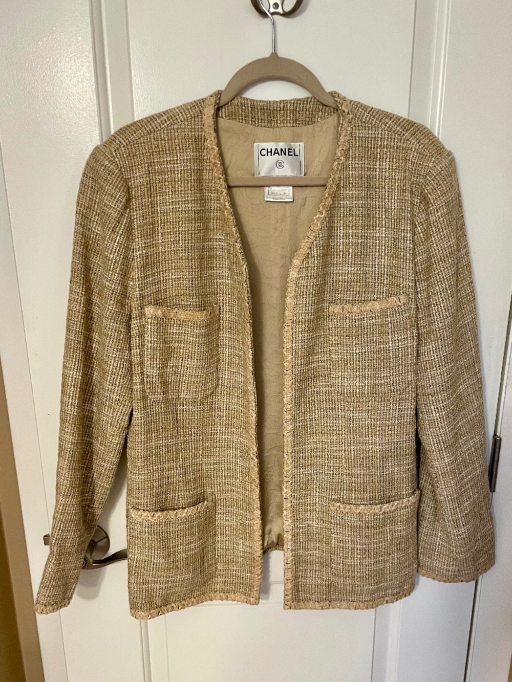 Authentic CHANEL Vintage 03P Beige Tweed Open Front Jacket Blazer FR 48 US 14